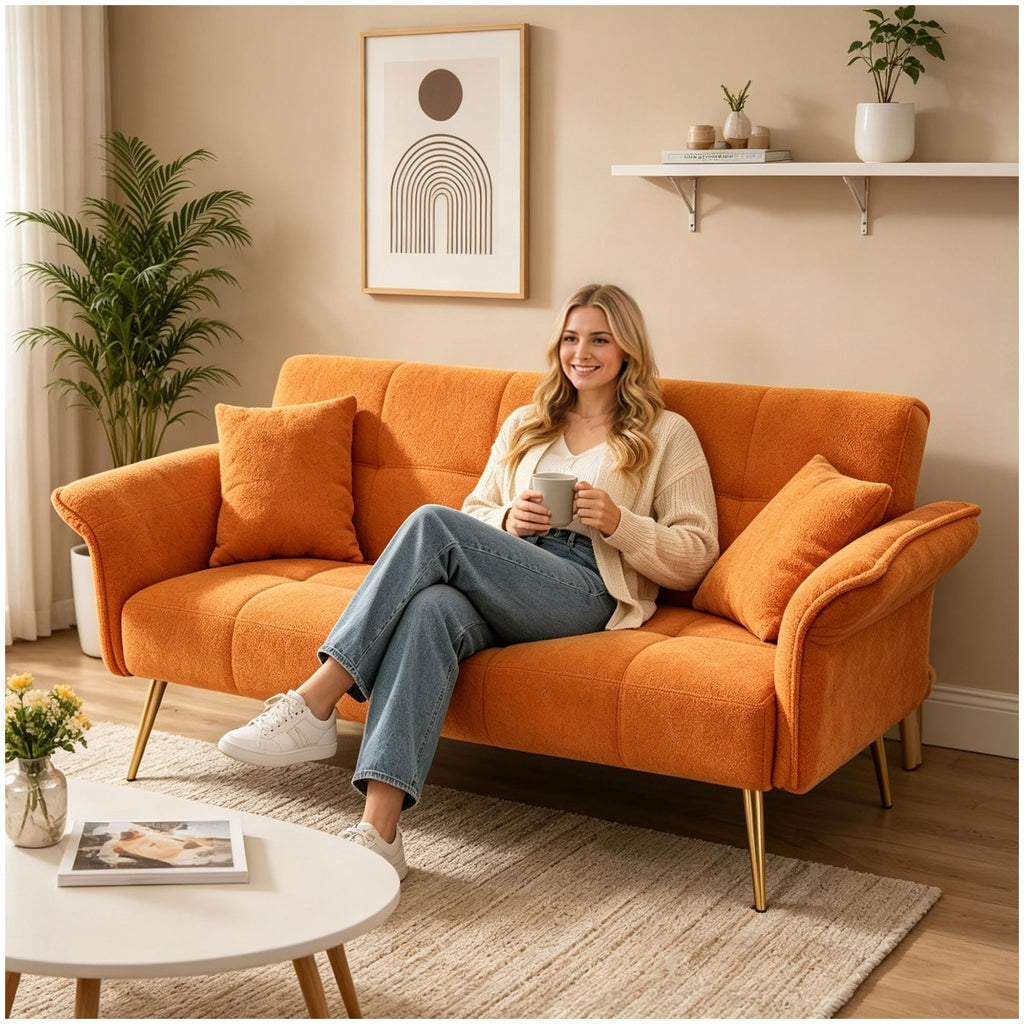 Orange Velvet 2 Seater Futon Sofa Bed F380
