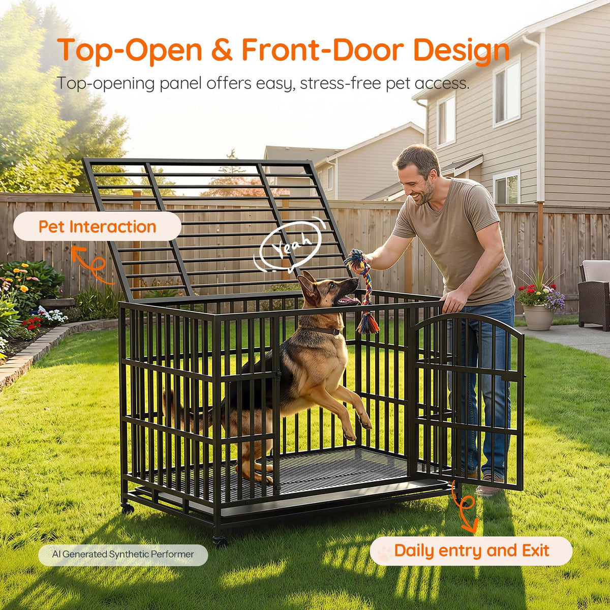 48-Inch Heavy Duty Dog Crate with 2 Doors, Lockable Wheels & Removable Tray, Black S126