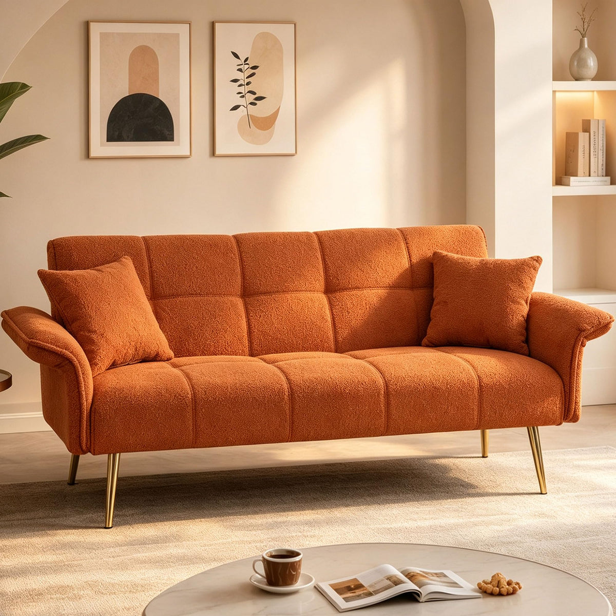 Orange Velvet 2 Seater Futon Sofa Bed F380