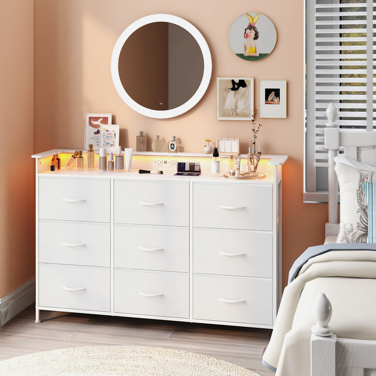White 9 Drawer Dresser with LED Light and Charging Station T5798