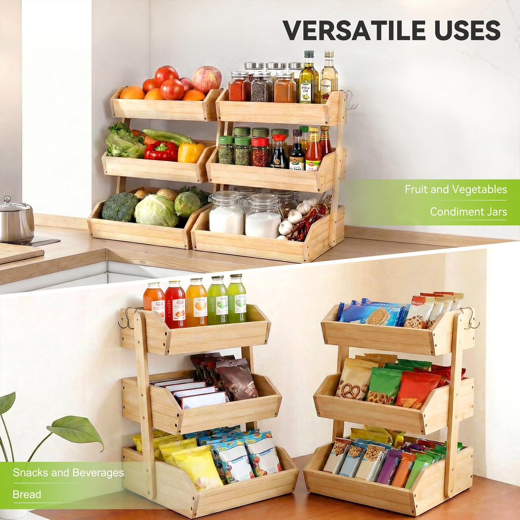 3 Tier Bamboo Fruit Basket with 2 Banana Hangers Q516670