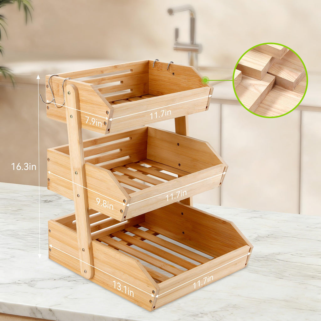 3 Tier Bamboo Fruit Basket with 2 Banana Hangers Q516670