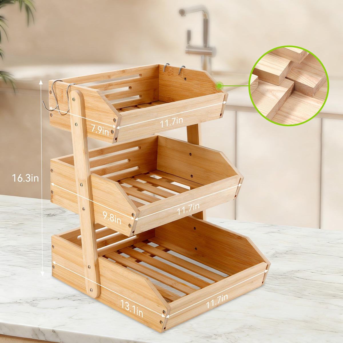 3 Tier Bamboo Fruit Basket with 2 Banana Hangers Q516670