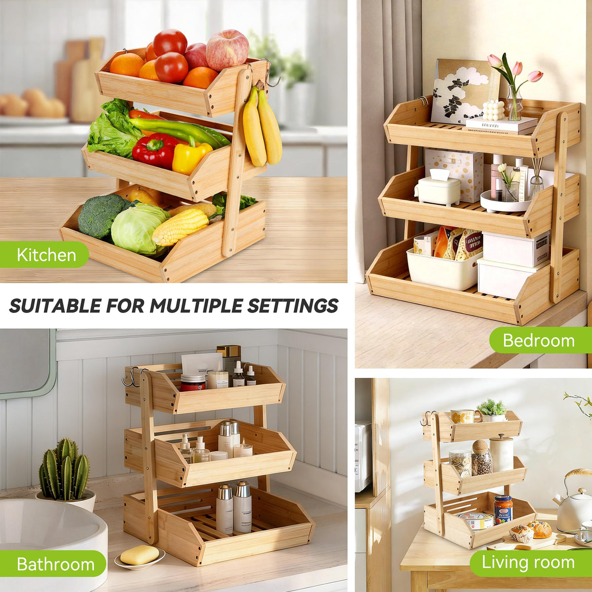 3 Tier Bamboo Fruit Basket with 2 Banana Hangers Q516670
