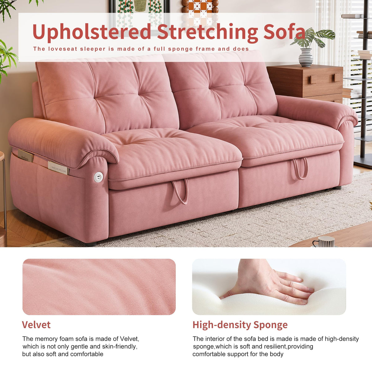 Queen Size Pink Sofa Bed with Pull Out Bed V10001