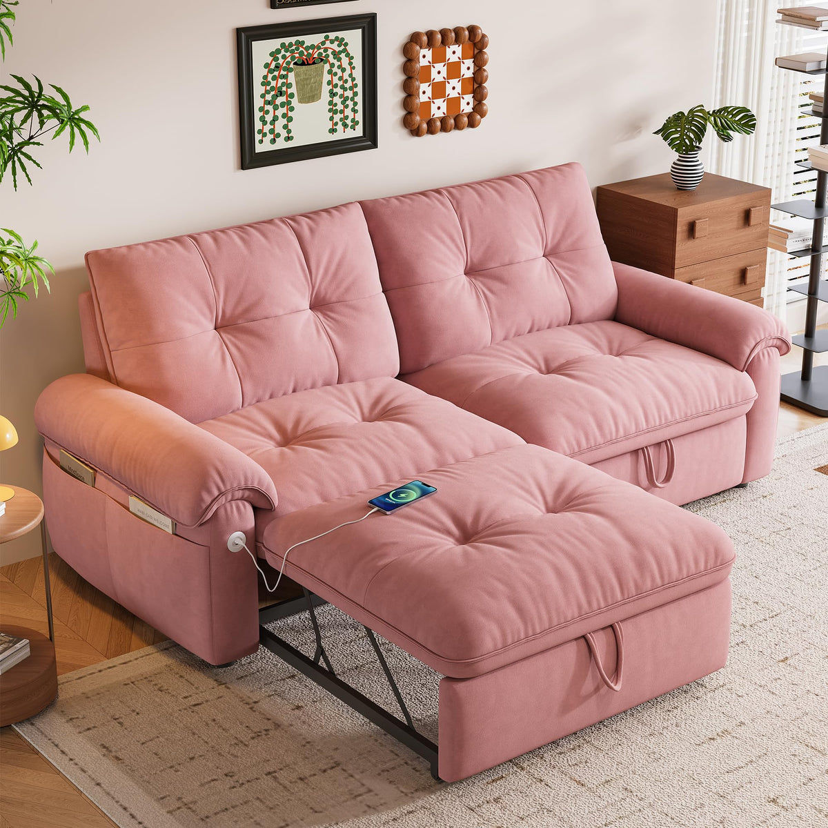 Queen Size Pink Sofa Bed with Pull Out Bed V10001