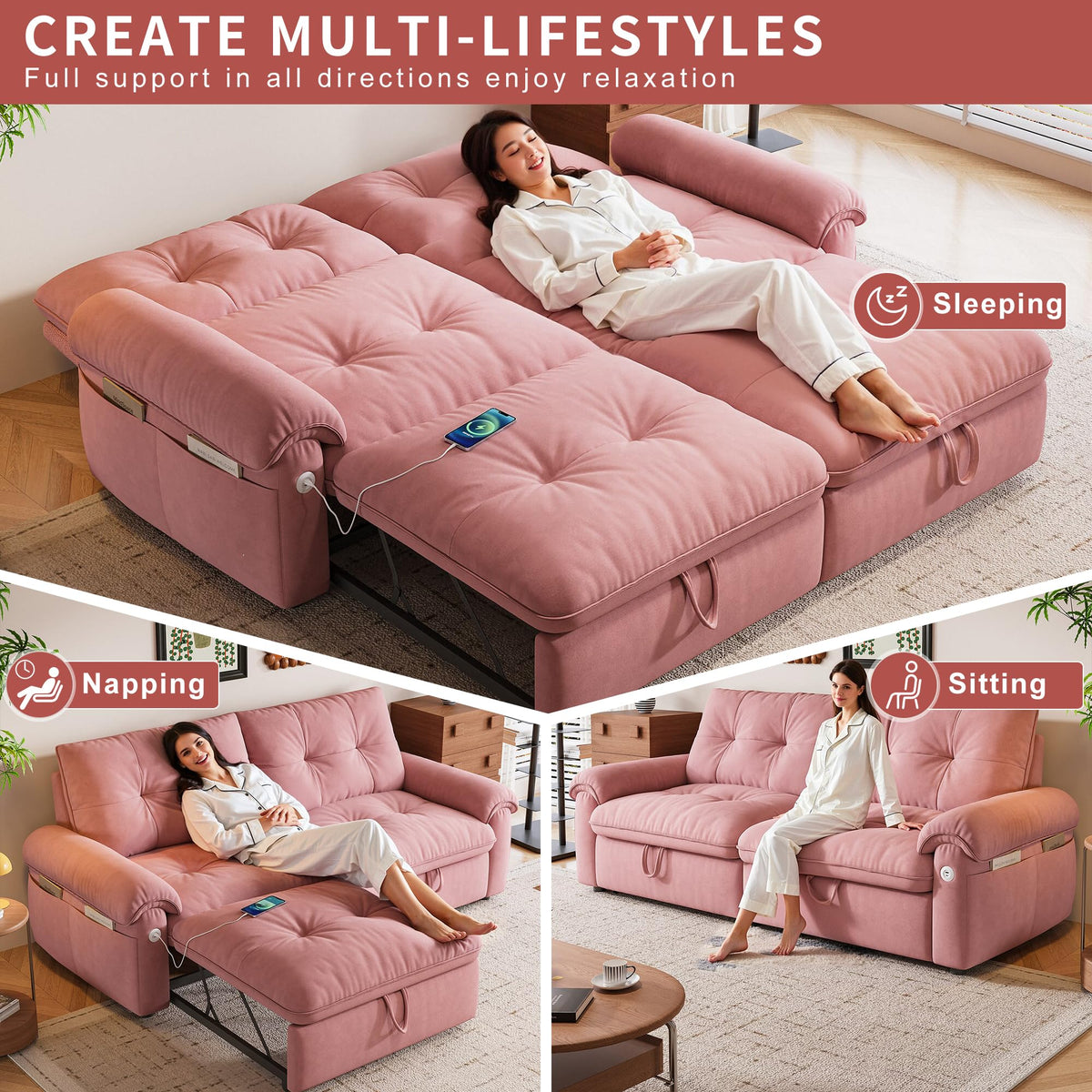 Queen Size Pink Sofa Bed with Pull Out Bed V10001