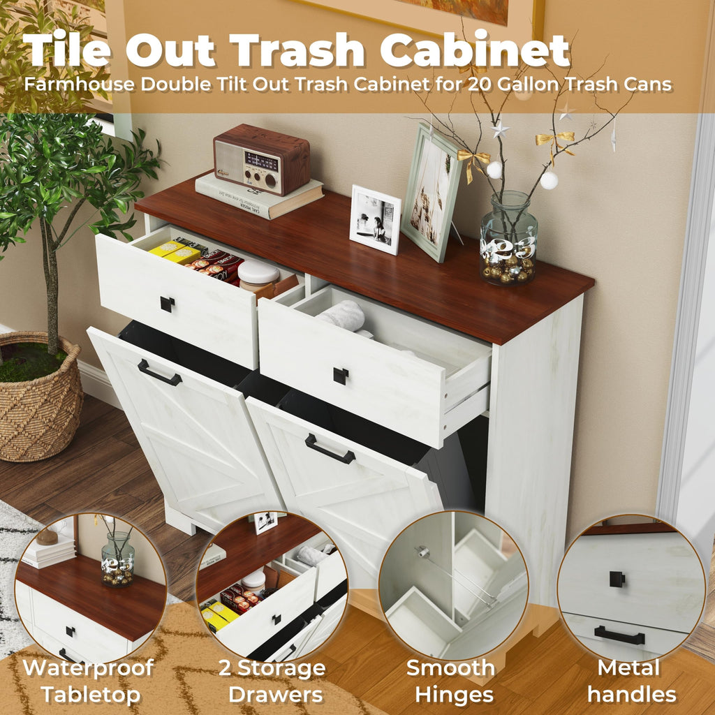 Antique White Wooden Tilt Out Trash Cabinet with 2 Storage Drawers O39644
