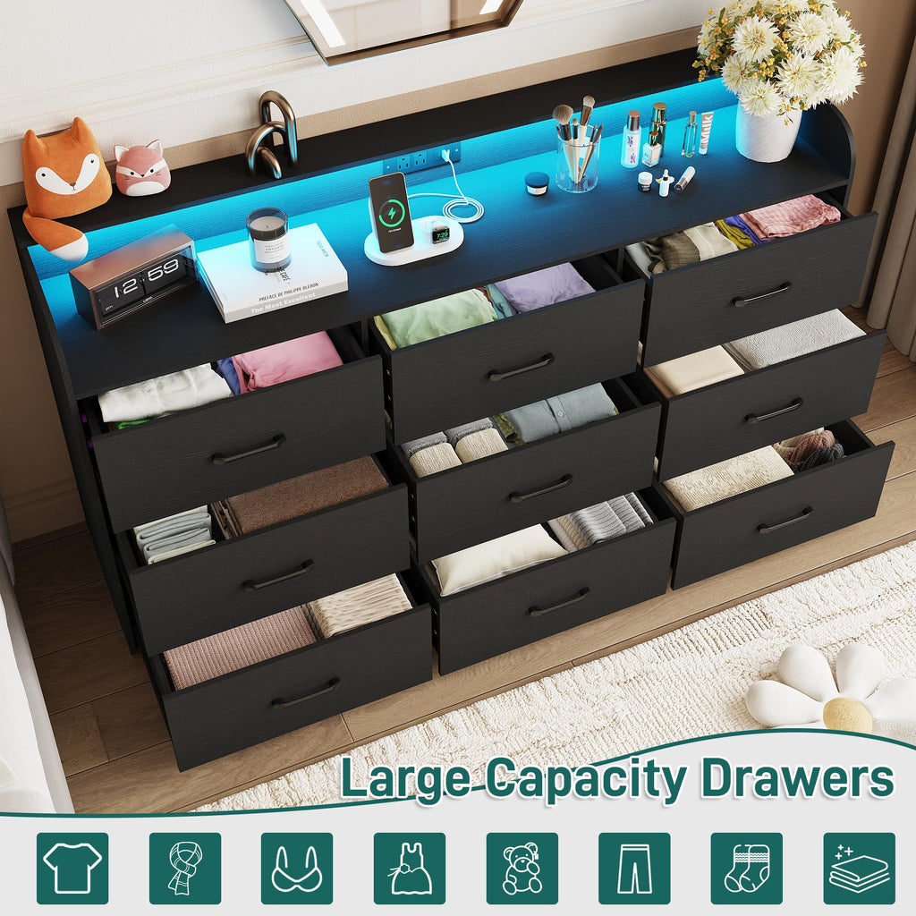 Black 9 Drawer Wood Dresser with Power Outlet and LED Lights V62954