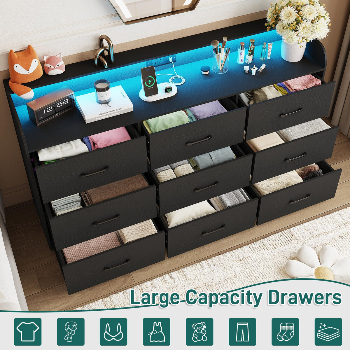 Black 9 Drawer Wood Dresser with Power Outlet and LED Lights V62954