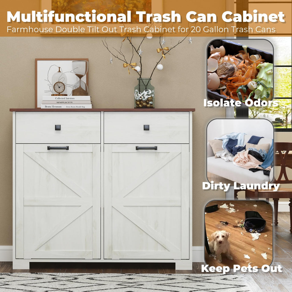 Antique White Wooden Tilt Out Trash Cabinet with 2 Storage Drawers O39644
